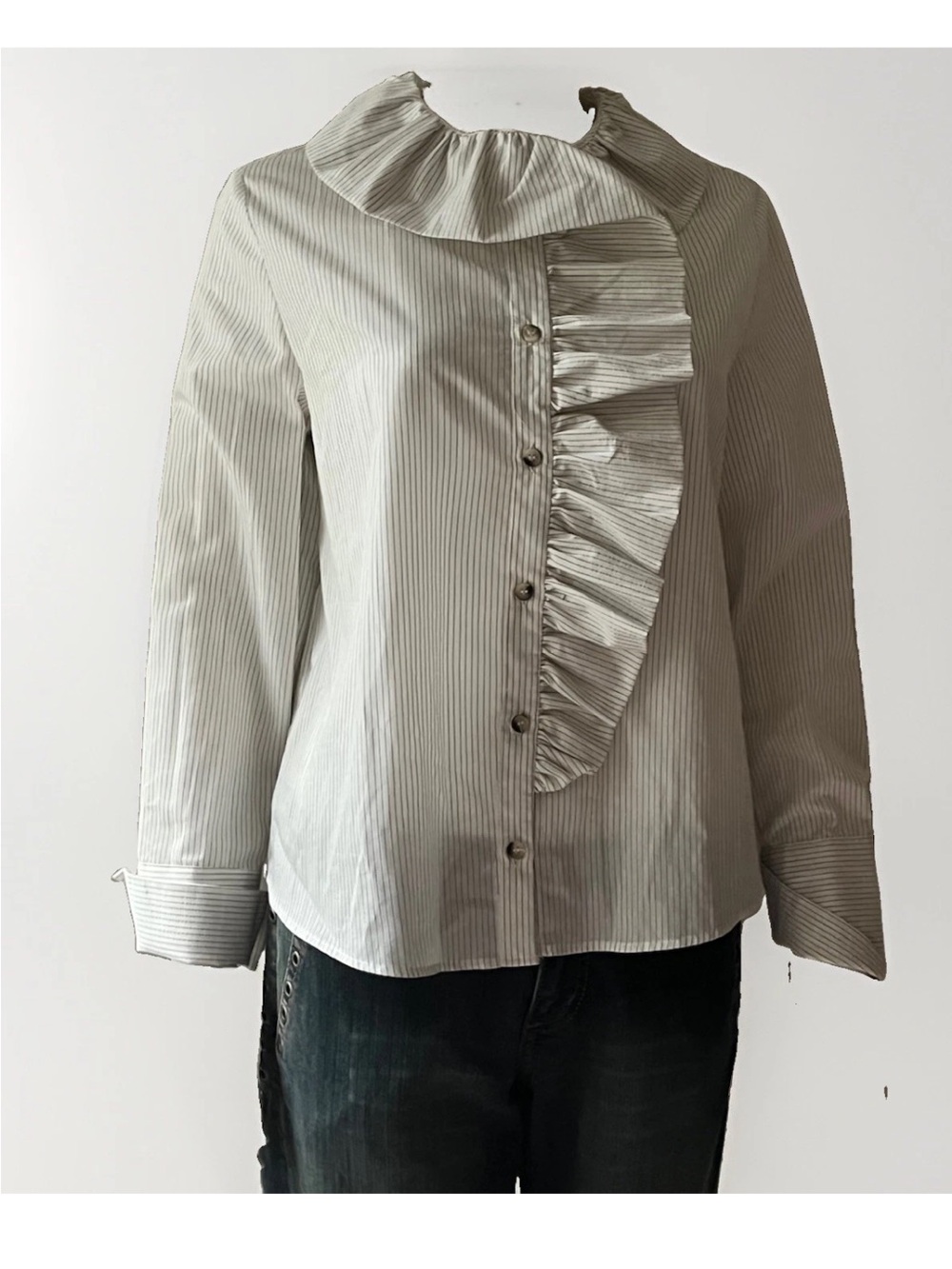 Zara Pinstripe Ruffle Front Long-Sleeve Shirt - White Medium